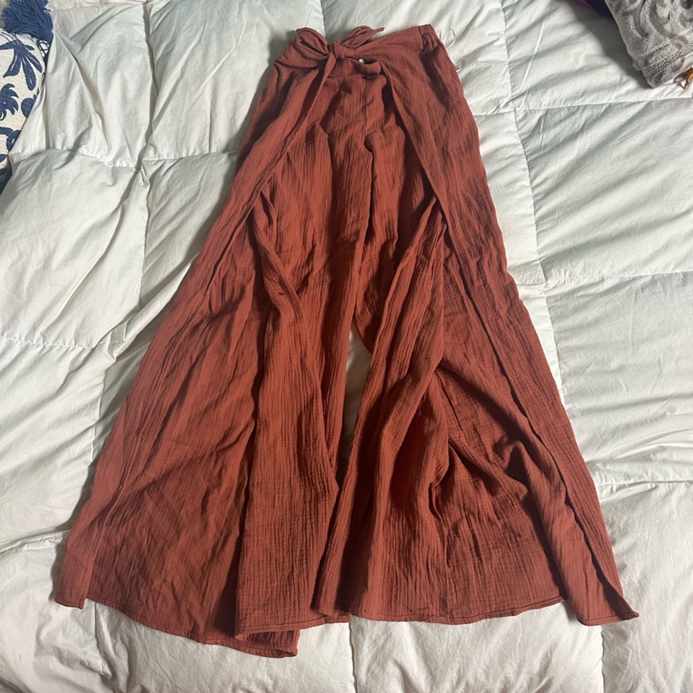 WOMENS XS 70S STYLE WRAP OPEN FRONT PANTS WITH SLIT TERRA COTTA NEW WITH TAG